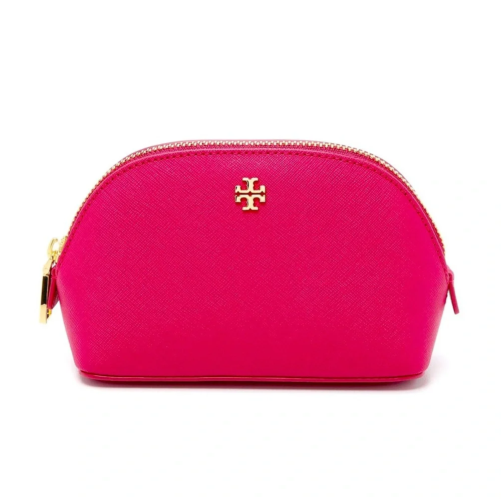 Tory Burch Robinson Emerson Leather Make Up Travel T Logo Cosmetic Zip Case